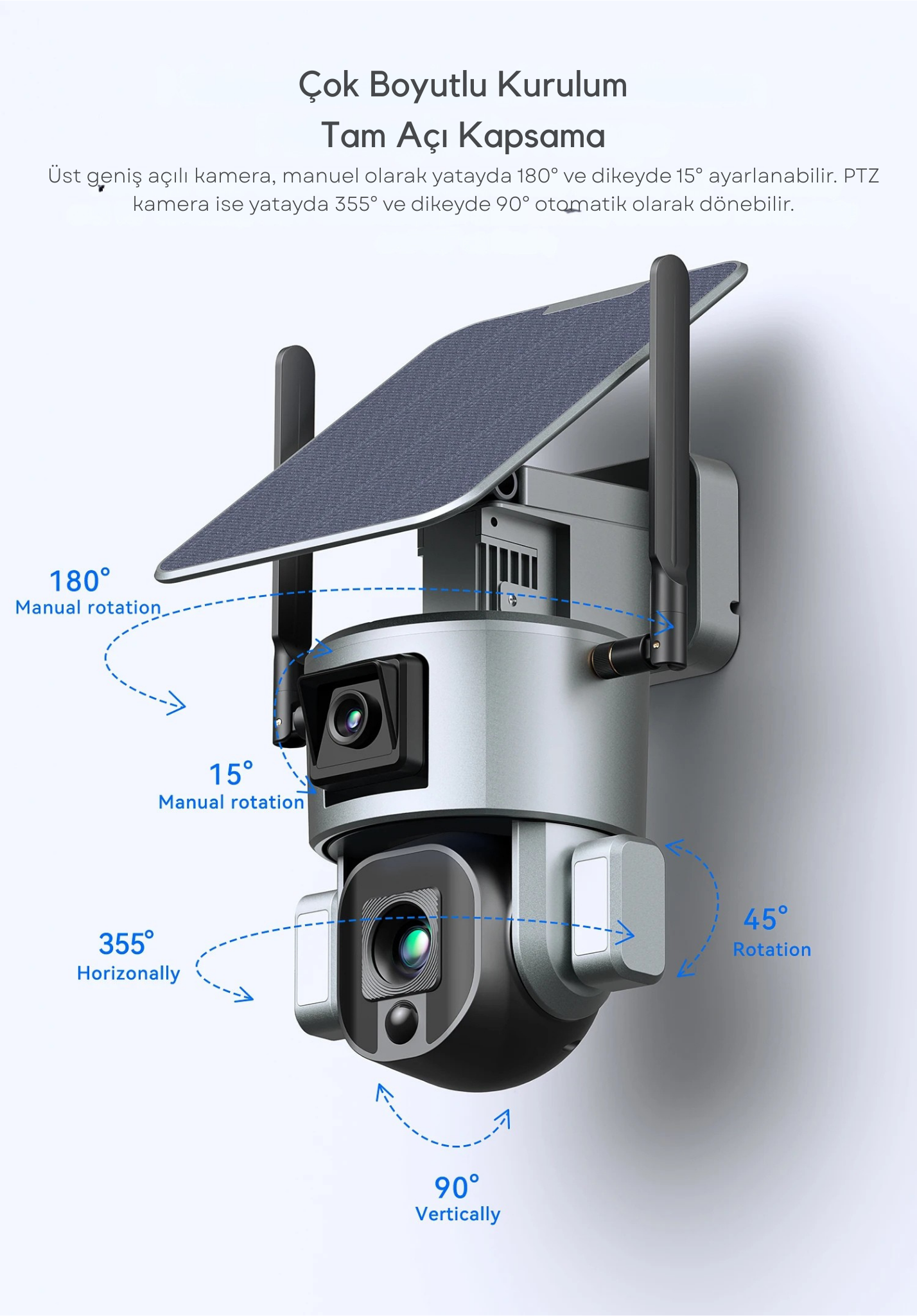 WiFi Solar Çift Lens Kablosuz Güvenlik Kamerası – 4K UHD, PTZ, Gece Görüş, Güneş Enerjili, Kablolara Gerek Yok!