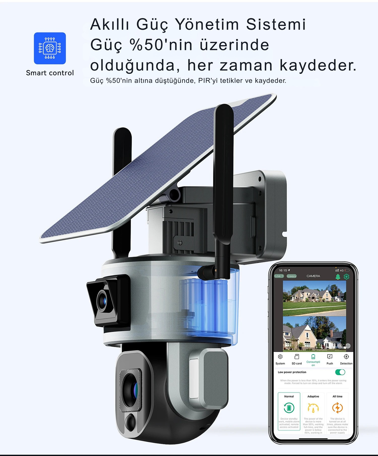 WiFi Solar Çift Lens Kablosuz Güvenlik Kamerası – 4K UHD, PTZ, Gece Görüş, Güneş Enerjili, Kablolara Gerek Yok!