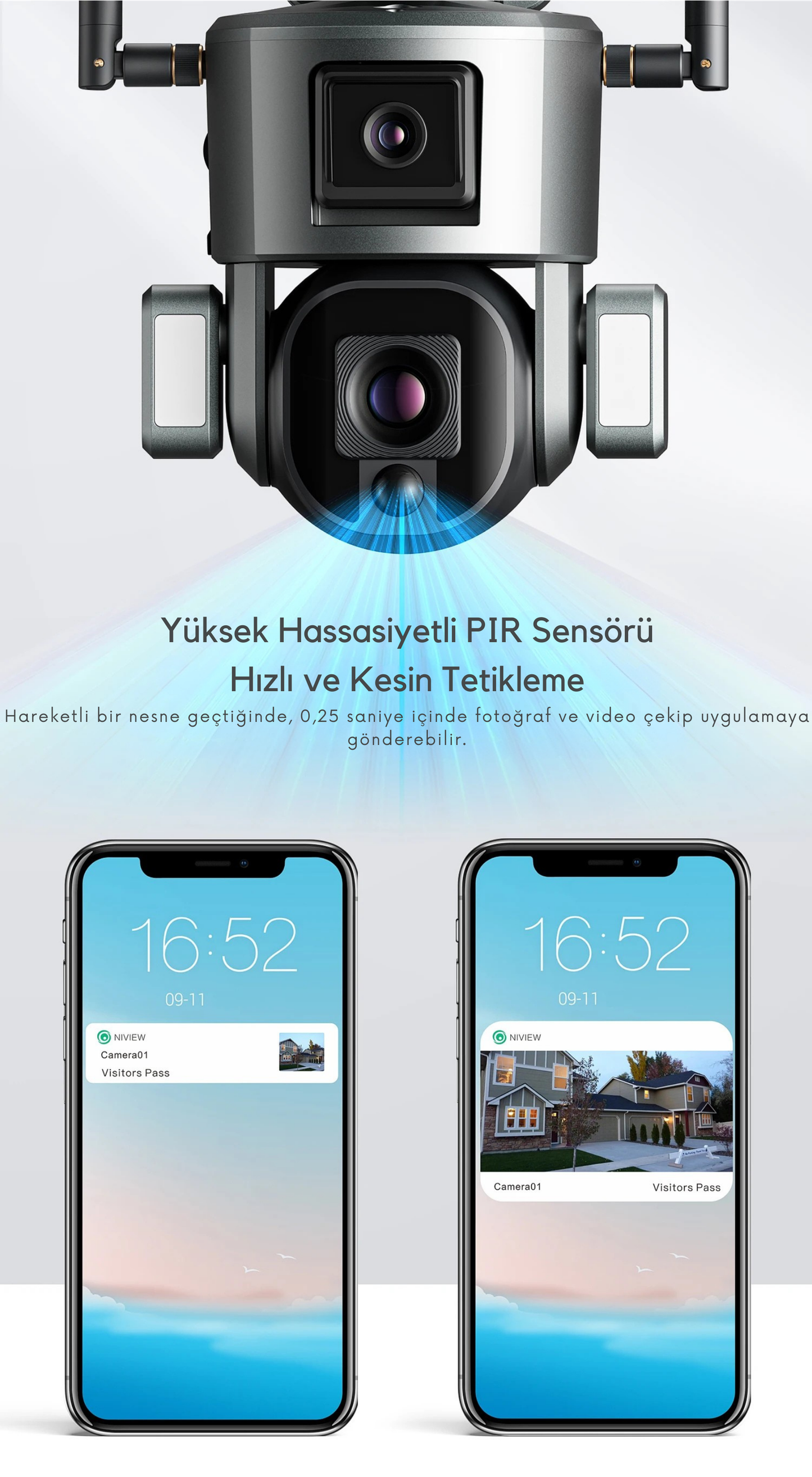 WiFi Solar Çift Lens Kablosuz Güvenlik Kamerası – 4K UHD, PTZ, Gece Görüş, Güneş Enerjili, Kablolara Gerek Yok!