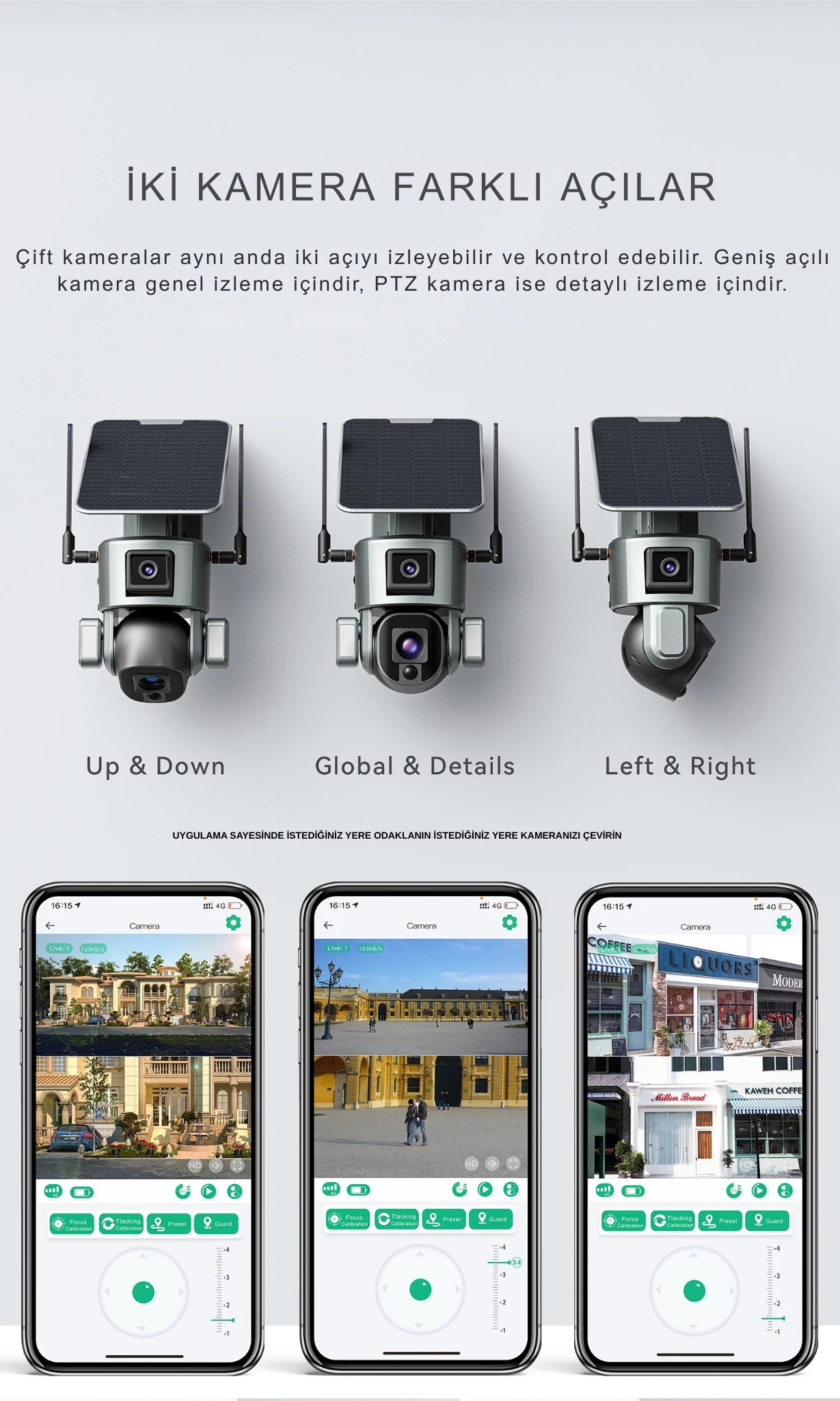 WiFi Solar Çift Lens Kablosuz Güvenlik Kamerası – 4K UHD, PTZ, Gece Görüş, Güneş Enerjili, Kablolara Gerek Yok!