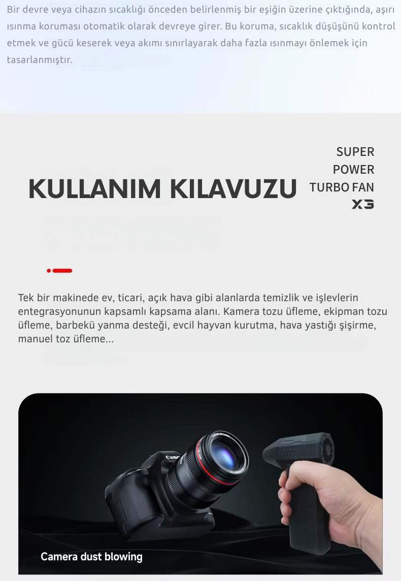 X3 Yüksek Performanslı Çok Amaçlı Fan – 130.000 RPM, 52 m/s Ultra Güçlü Hava Akışı, Fırçasız Motor, Taşınabilir Toz Temizleyici