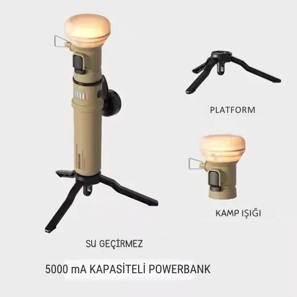 Şarjlı Kamp Feneri – Powerbank Özellikli, Tripodlu, Çok Fonksiyonlu LED El Feneri