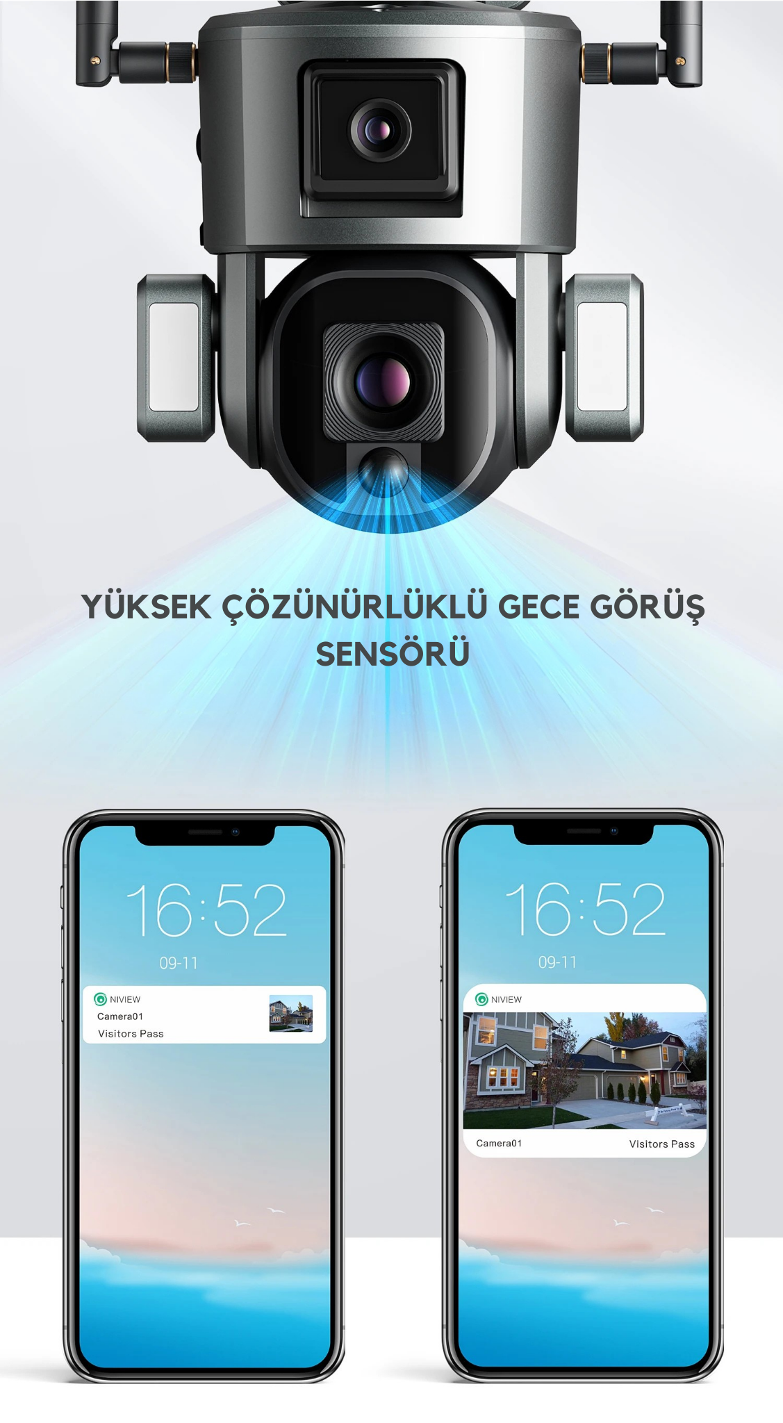 WiFi Solar Çift Lens Kablosuz Güvenlik Kamerası – 4K UHD, PTZ, Gece Görüş, Güneş Enerjili, Kablolara Gerek Yok!