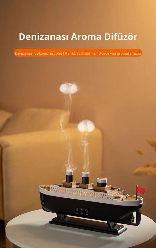 🚢 Titanic Gemi Modeli Ultrasonik Aroma Difüzör – 250 ml Su Kapasiteli, LED Işıklı, Sessiz ve Şık Tasarım