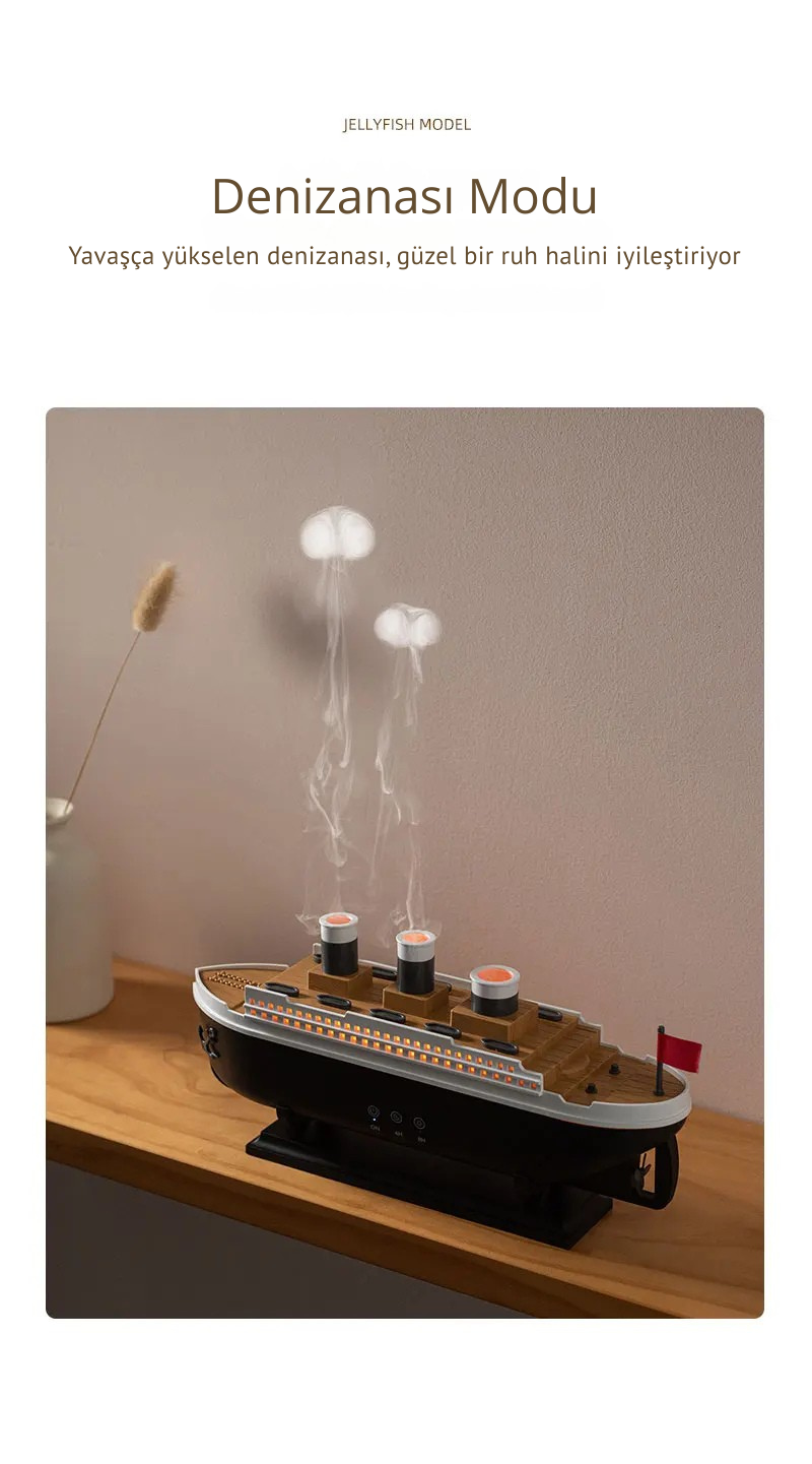 🚢 Titanic Gemi Modeli Ultrasonik Aroma Difüzör – 250 ml Su Kapasiteli, LED Işıklı, Sessiz ve Şık Tasarım