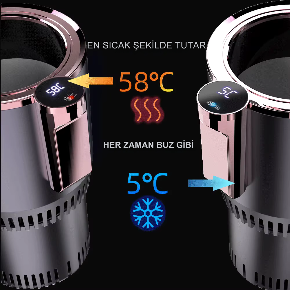 “Araç İçi Akıllı Isıtıcı/Soğutucu Bardak Tutucu – Çift Fonksiyonlu, Ekranlı, USB’li”