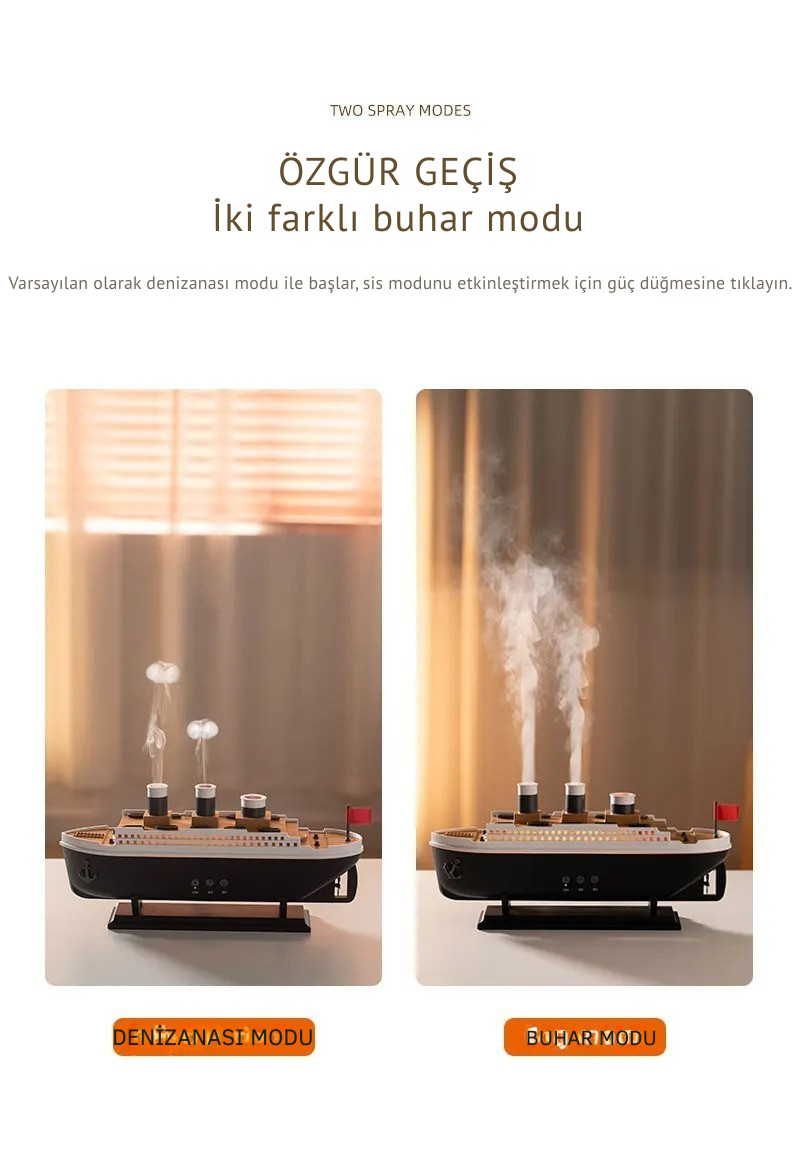 🚢 Titanic Gemi Modeli Ultrasonik Aroma Difüzör – 250 ml Su Kapasiteli, LED Işıklı, Sessiz ve Şık Tasarım