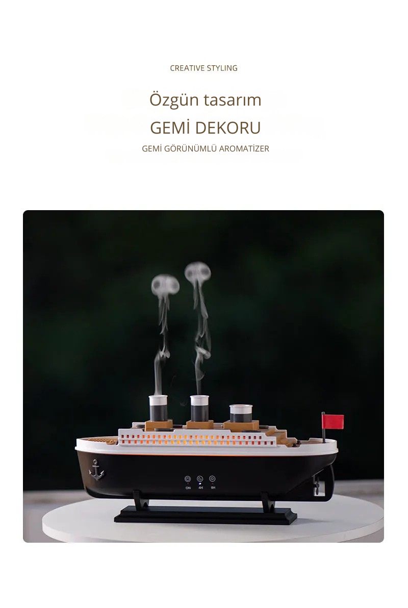 🚢 Titanic Gemi Modeli Ultrasonik Aroma Difüzör – 250 ml Su Kapasiteli, LED Işıklı, Sessiz ve Şık Tasarım