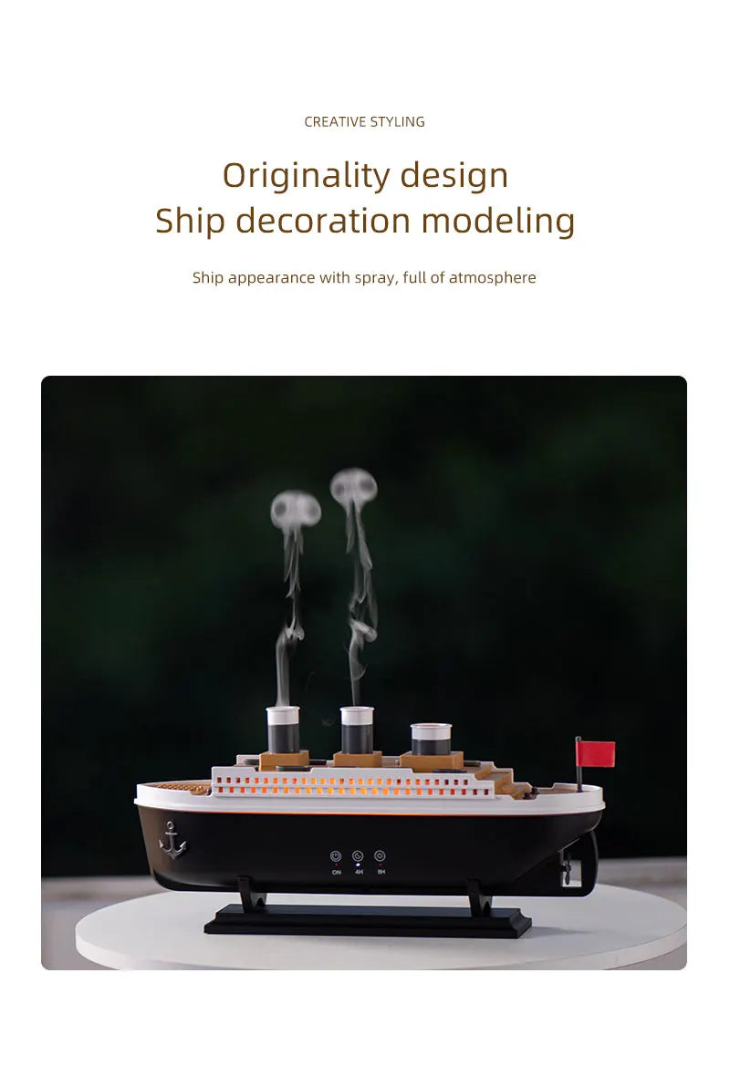 🚢 Titanic Gemi Modeli Ultrasonik Aroma Difüzör – 250 ml Su Kapasiteli, LED Işıklı, Sessiz ve Şık Tasarım