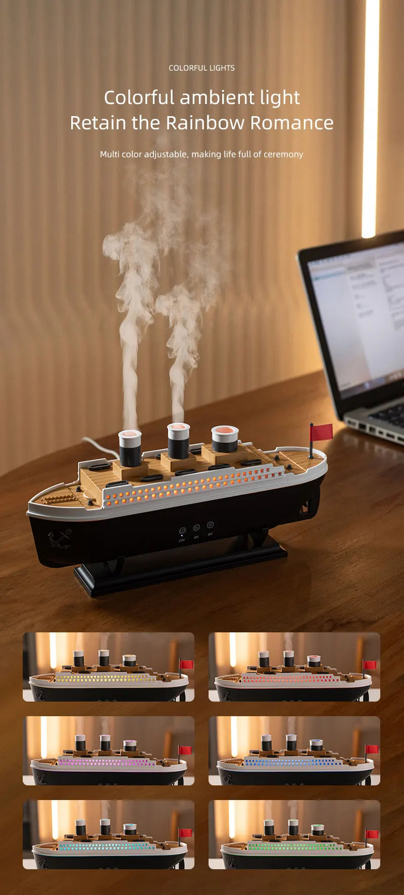🚢 Titanic Gemi Modeli Ultrasonik Aroma Difüzör – 250 ml Su Kapasiteli, LED Işıklı, Sessiz ve Şık Tasarım